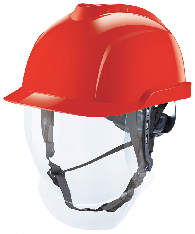 MSA V-Gard 950 Helm rot unbelüftet, Lichtbogen und Ohrklappen angebracht