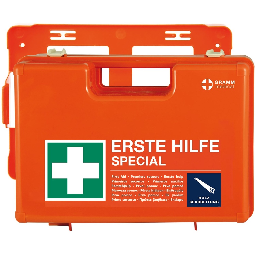 Valise 1ers secours - travail du bois - DIN 13157 + compos. spécifiques